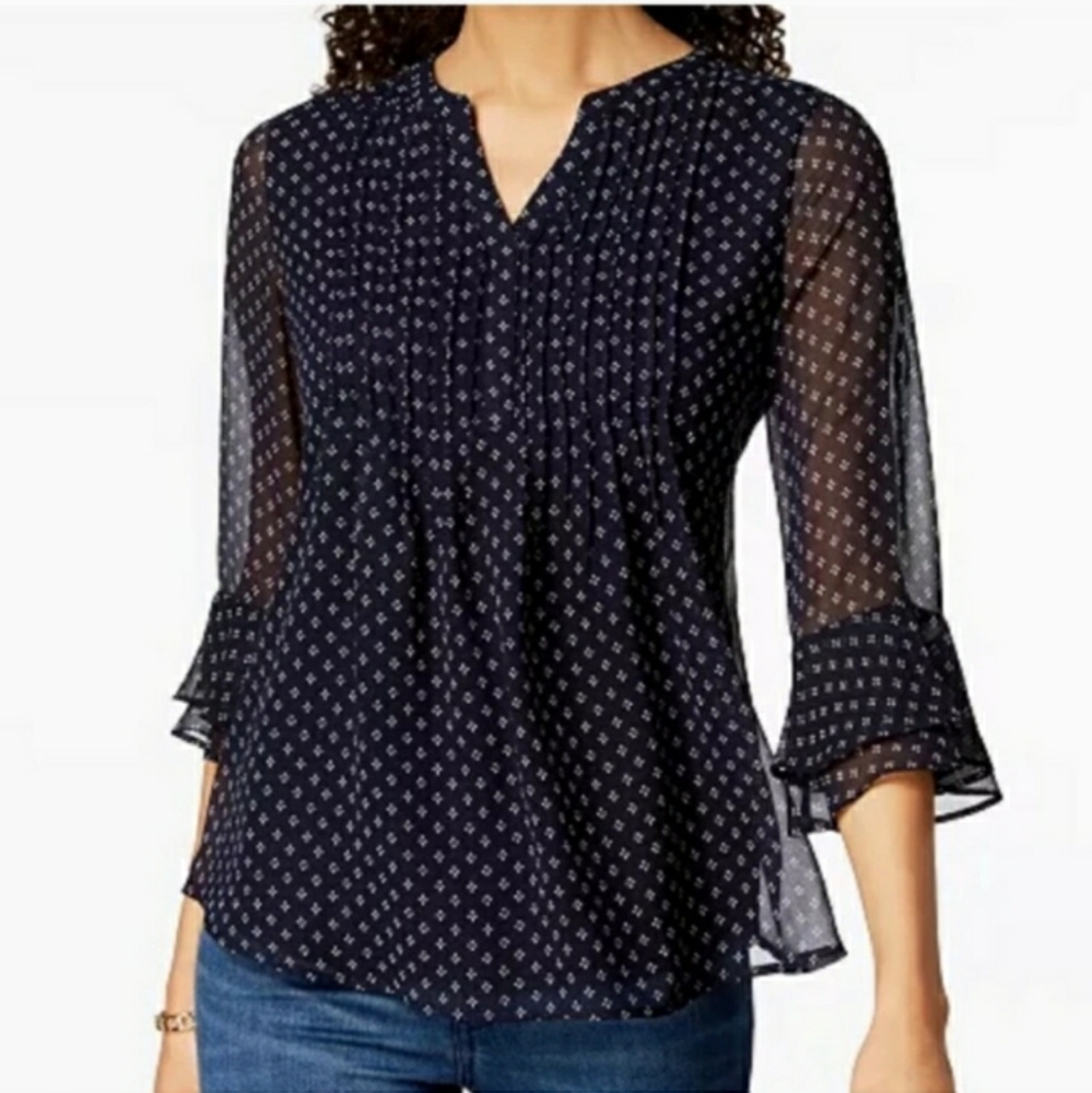 MACY’S CHARTER CLUB Floral Print Ruffle Sleeve Top Intrepid Blue Combo NWT!